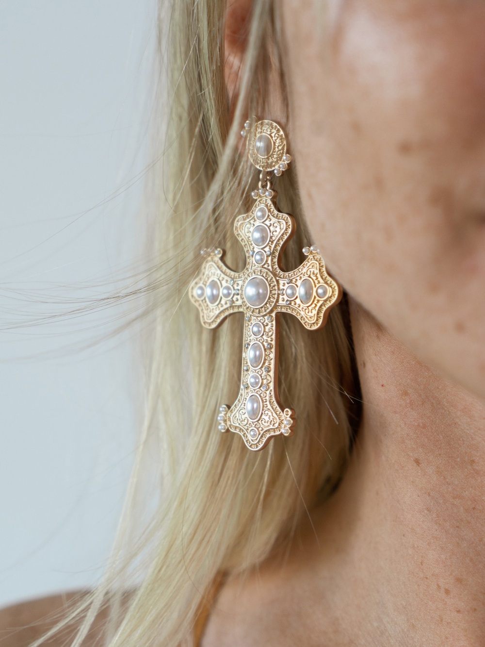 V. Chapman Gold Cross Drop Earrings with White Pearl Accents